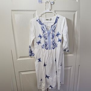White and Blue Embellished Puff Sleeve Sundress